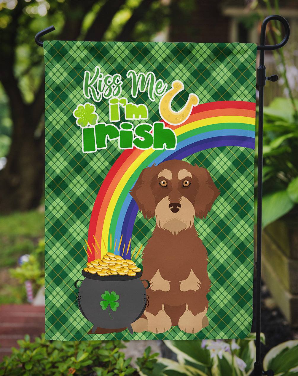 Wirehair Red and Tan Dachshund St. Patrick's Day Garden Flag Mailbox Decorative Yard Banner Outside Patio Artwork for Flower Beds, Garden Size, Multicolor