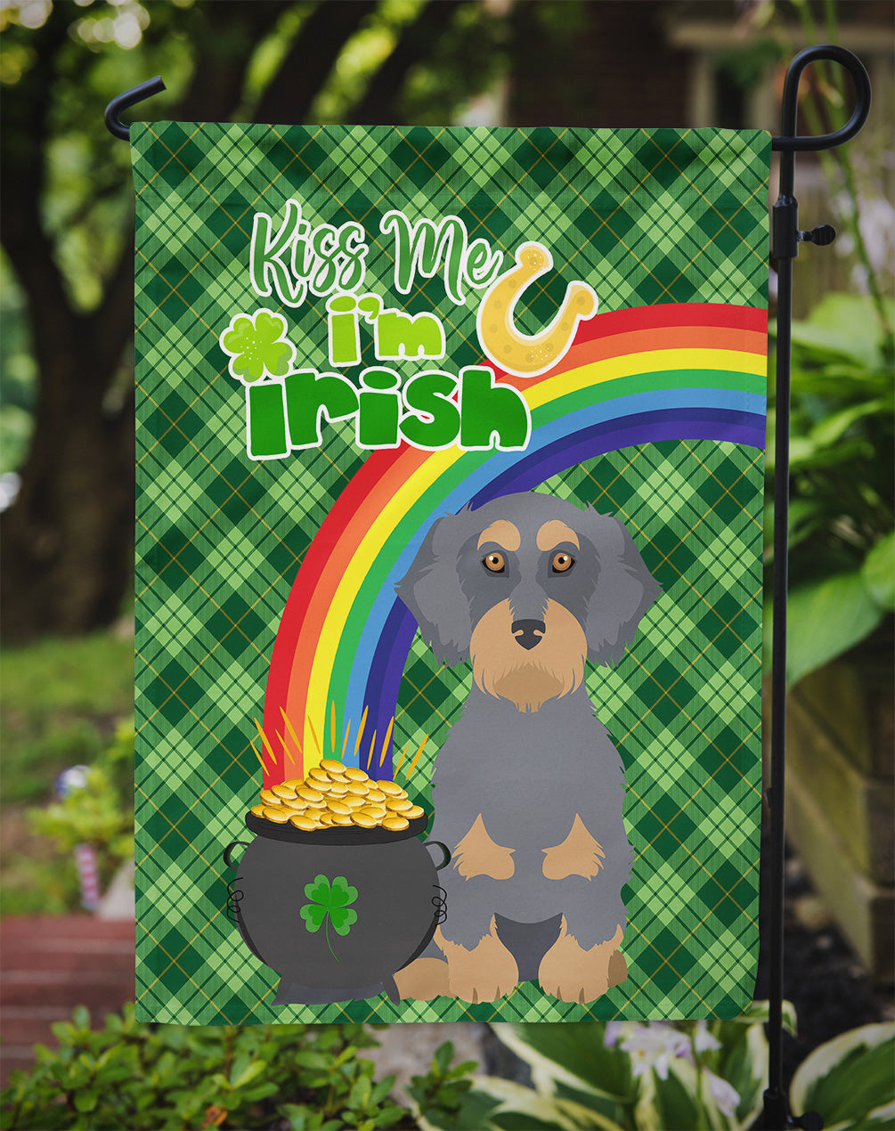 Wirehair Blue and Tan Dachshund St. Patrick's Day Garden Flag Mailbox Decorative Yard Banner Outside Patio Artwork for Flower Beds, Garden Size, Multicolor