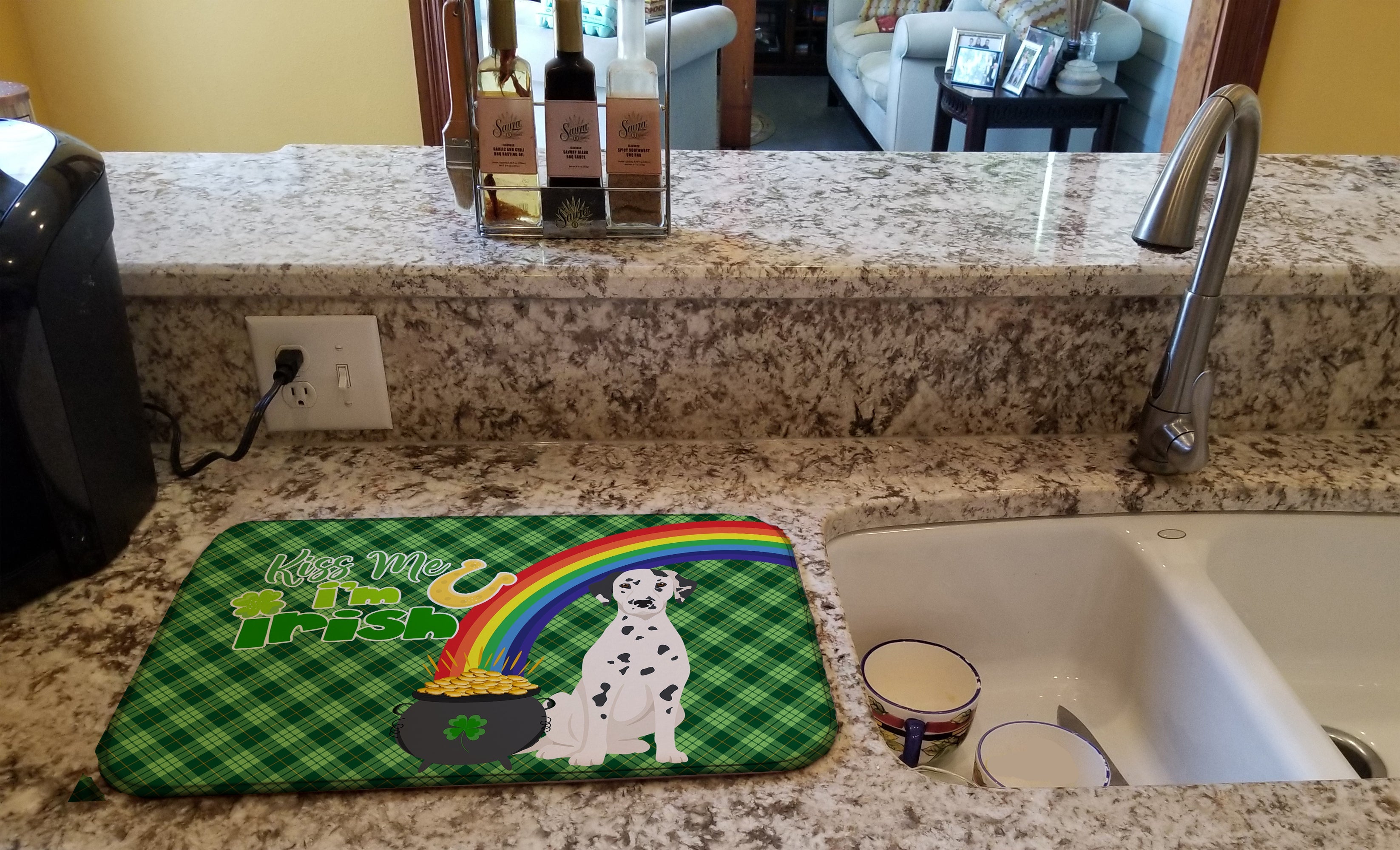 Dalmatian St. Patrick's Day Dish Drying Mat Absorbent Dish Drying Mat Pad for Kitchen Counter Dish Drainer Mat for Countertop, 14 x 21", Multicolor