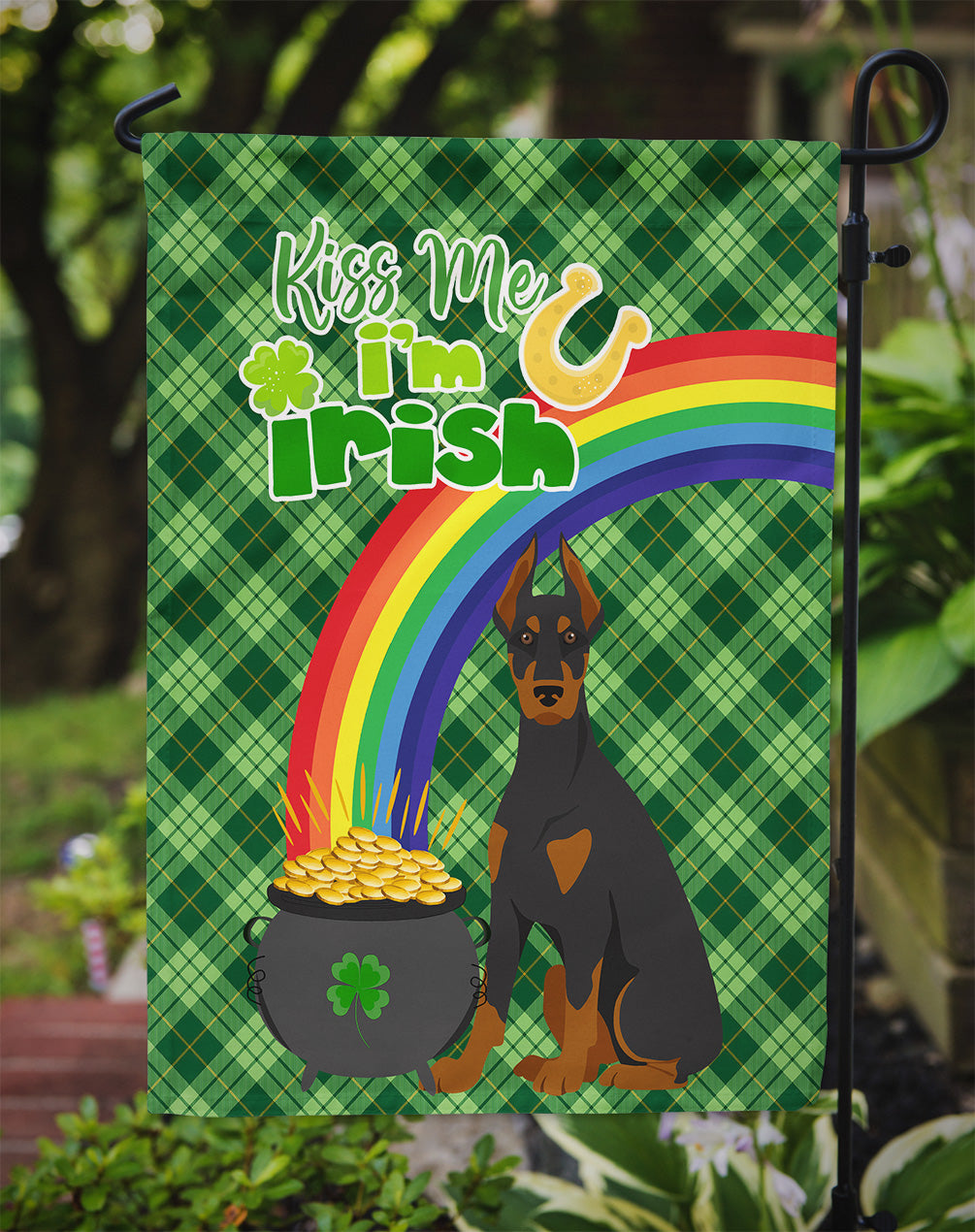 Black and Tan Doberman Pinscher St. Patrick's Day Garden Flag Mailbox Decorative Yard Banner Outside Patio Artwork for Flower Beds, Garden Size, Multicolor