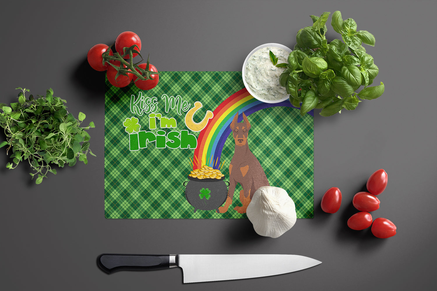 Red and Tan Doberman Pinscher St. Patrick's Day Cutting Board Tempered Glass Kitchen Cutting Surface, Heat Resistant Chopping, Non-Slip Feet, Food Prep & Serving