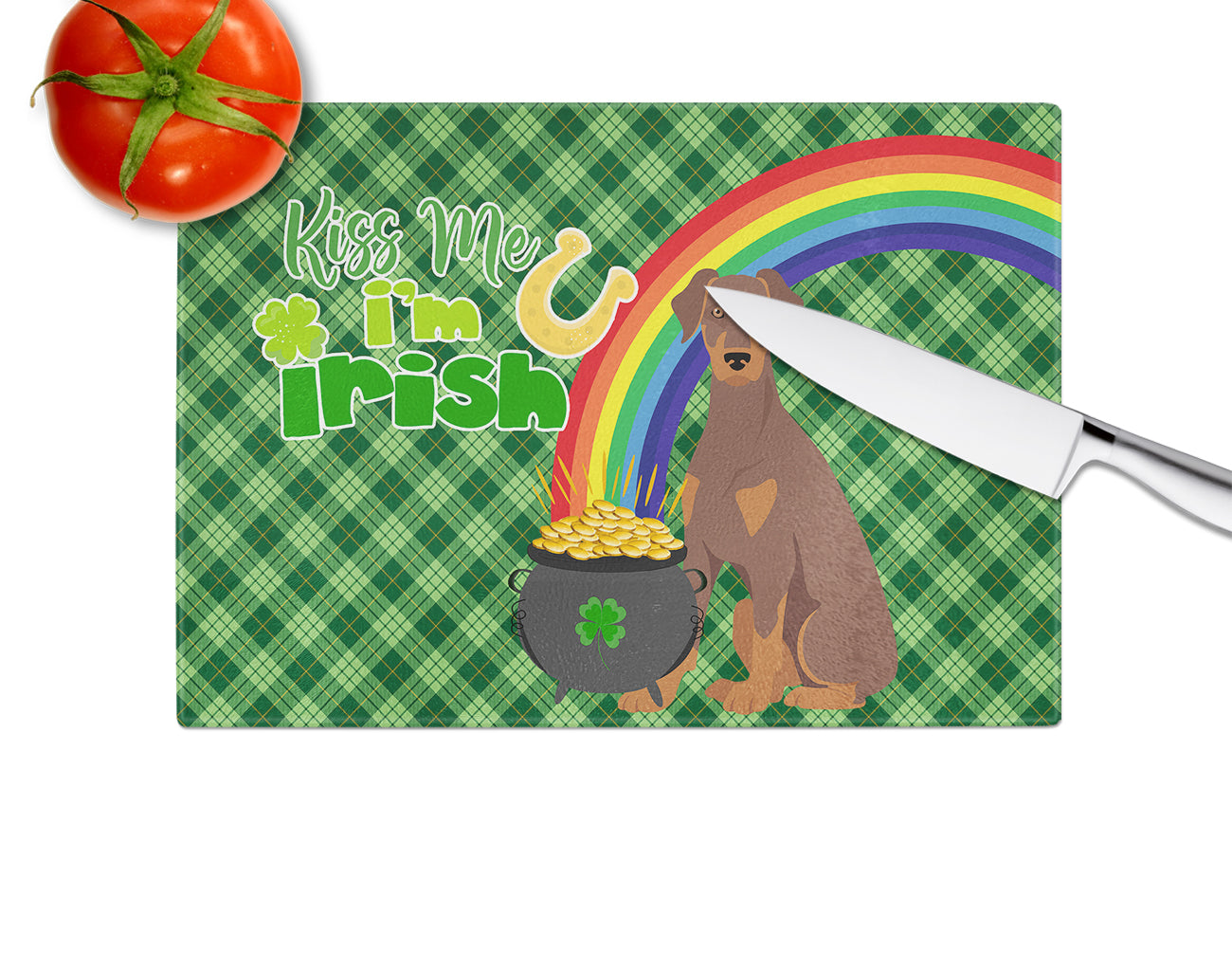 Natural Ear Red and Tan Doberman Pinscher St. Patrick's Day Cutting Board Tempered Glass Kitchen Cutting Surface, Heat Resistant Chopping, Non-Slip Feet, Food Prep & Serving