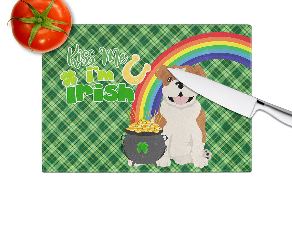 Red English Bulldog St. Patrick's Day Cutting Board Tempered Glass Kitchen Cutting Surface, Heat Resistant Chopping, Non-Slip Feet, Food Prep & Serving