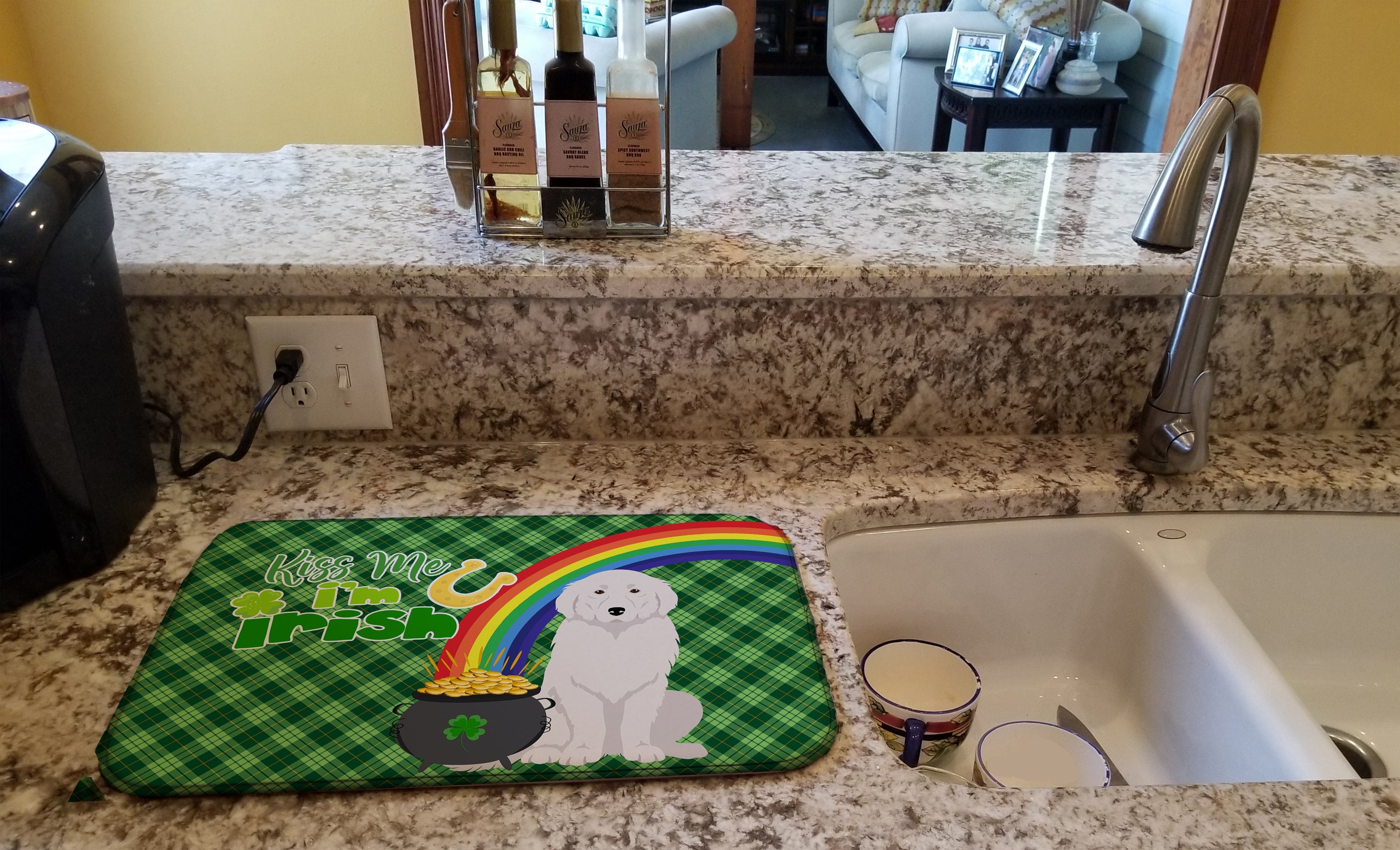 Great Pyrenees St. Patrick's Day Dish Drying Mat Absorbent Dish Drying Mat Pad for Kitchen Counter Dish Drainer Mat for Countertop, 14 x 21", Multicolor