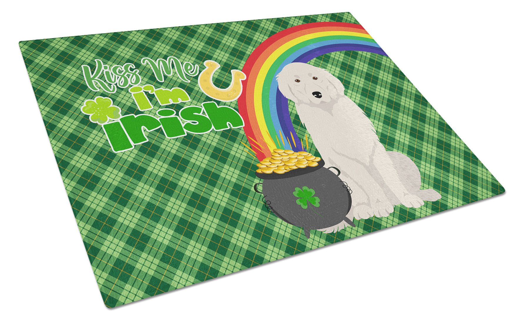 Great Pyrenees St. Patrick's Day Cutting Board Tempered Glass Kitchen Cutting Surface, Heat Resistant Chopping, Non-Slip Feet, Food Prep & Serving