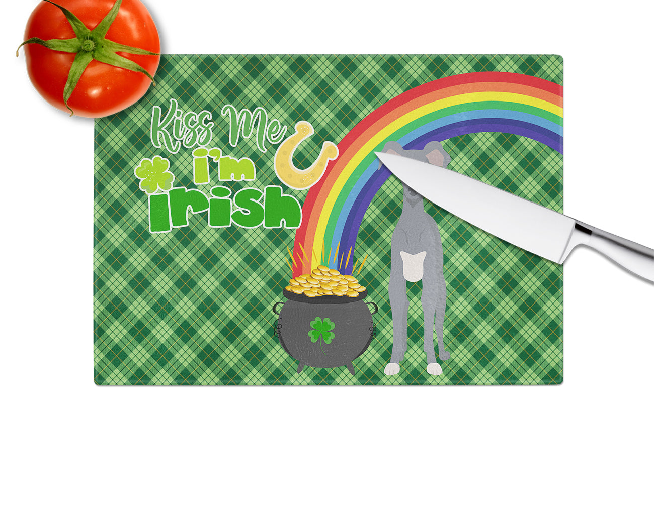 Gray Italian Greyhound St. Patrick's Day Cutting Board Tempered Glass Kitchen Cutting Surface, Heat Resistant Chopping, Non-Slip Feet, Food Prep & Serving