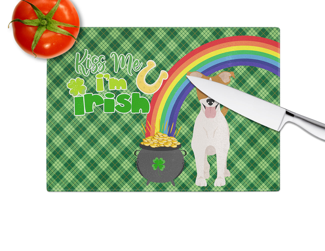 Brown White Smooth Jack Russell Terrier St. Patrick's Day Cutting Board Tempered Glass Kitchen Cutting Surface, Heat Resistant Chopping, Non-Slip Feet, Food Prep & Serving