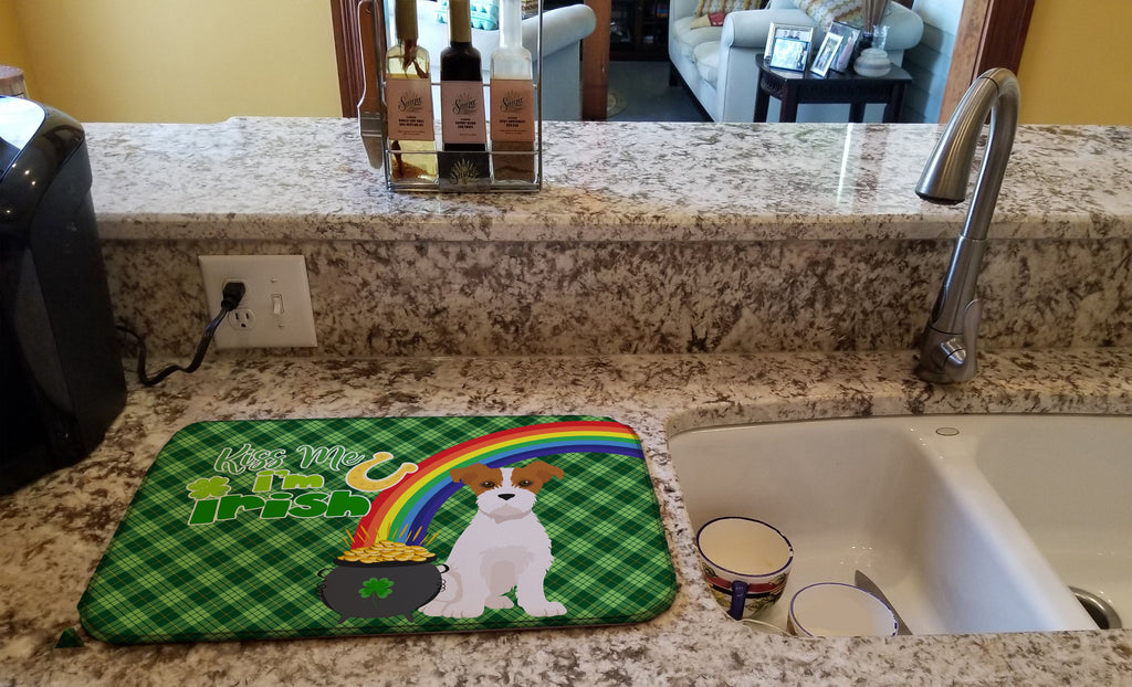 Brown White Wirehair Jack Russell Terrier St. Patrick's Day Dish Drying Mat Absorbent Dish Drying Mat Pad for Kitchen Counter Dish Drainer Mat for Countertop, 14 x 21", Multicolor