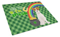 Brown White Wirehair Jack Russell Terrier St. Patrick's Day Cutting Board Tempered Glass Kitchen Cutting Surface, Heat Resistant Chopping, Non-Slip Feet, Food Prep & Serving