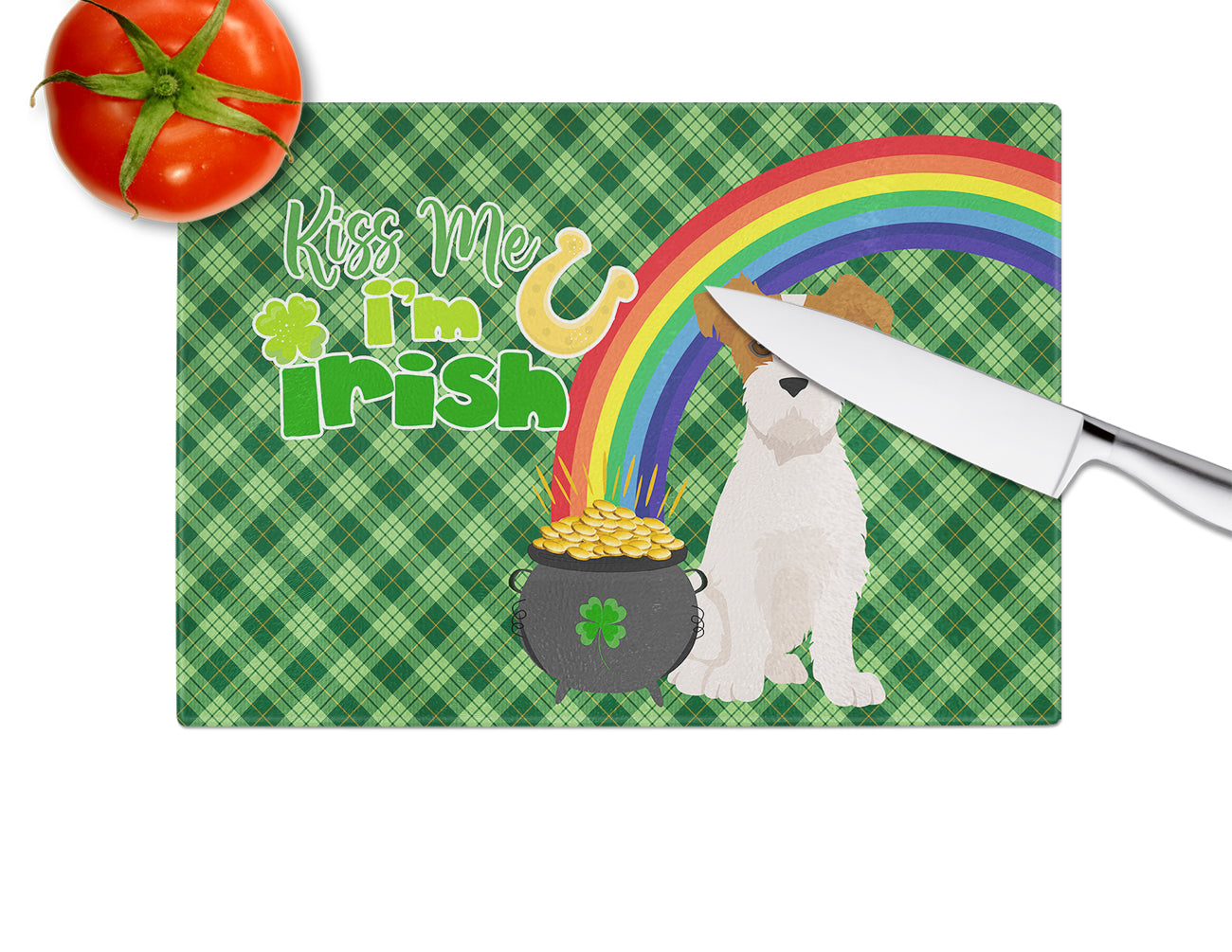 Brown White Wirehair Jack Russell Terrier St. Patrick's Day Cutting Board Tempered Glass Kitchen Cutting Surface, Heat Resistant Chopping, Non-Slip Feet, Food Prep & Serving