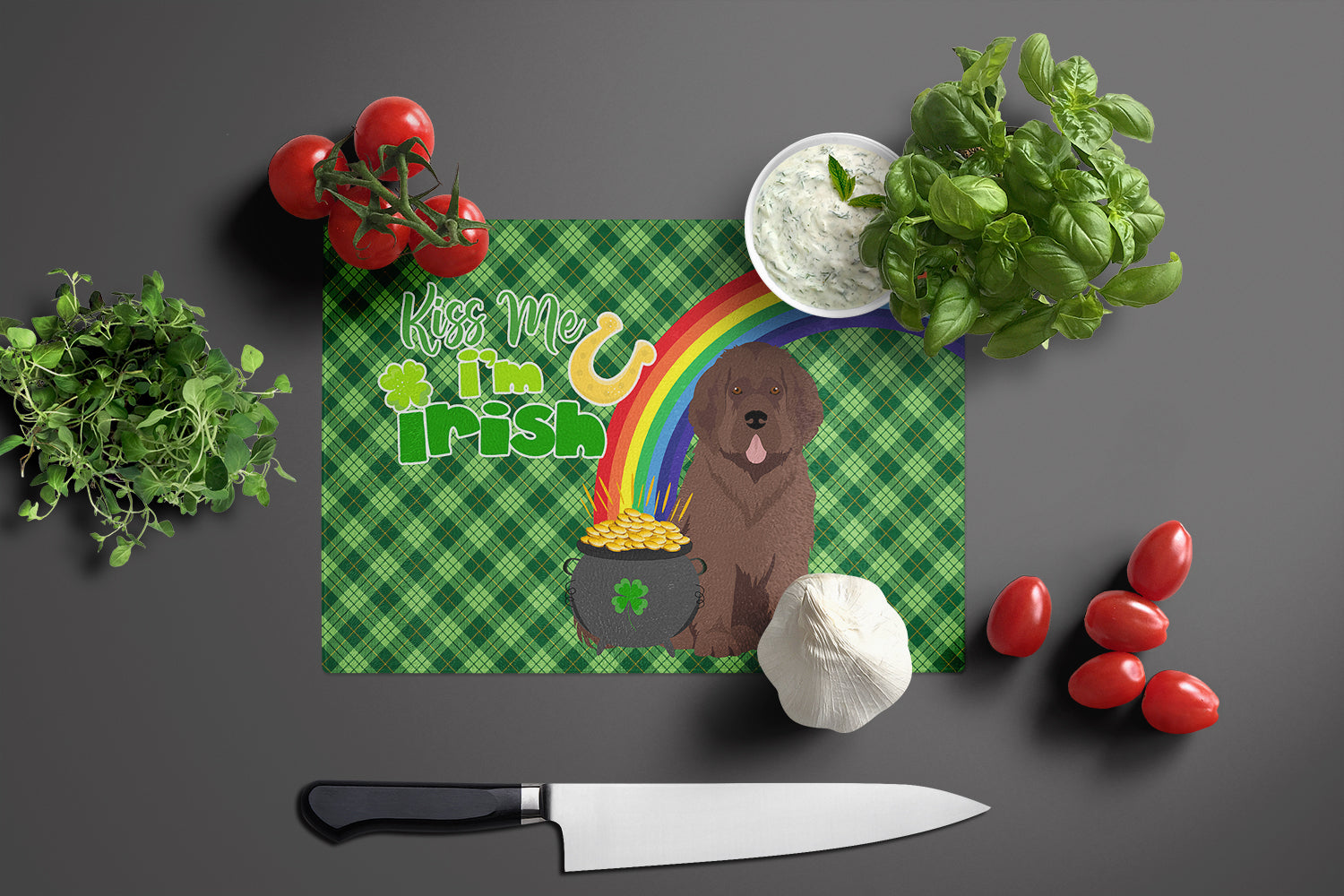 Brown Newfoundland St. Patrick's Day Cutting Board Tempered Glass Kitchen Cutting Surface, Heat Resistant Chopping, Non-Slip Feet, Food Prep & Serving