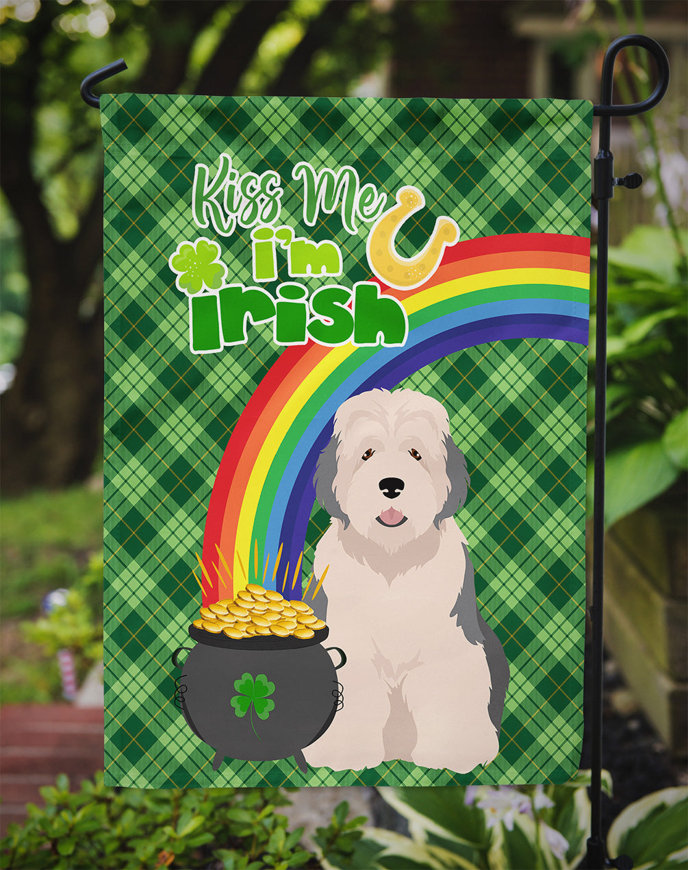 Old English Sheepdog St. Patrick's Day Garden Flag Mailbox Decorative Yard Banner Outside Patio Artwork for Flower Beds, Garden Size, Multicolor