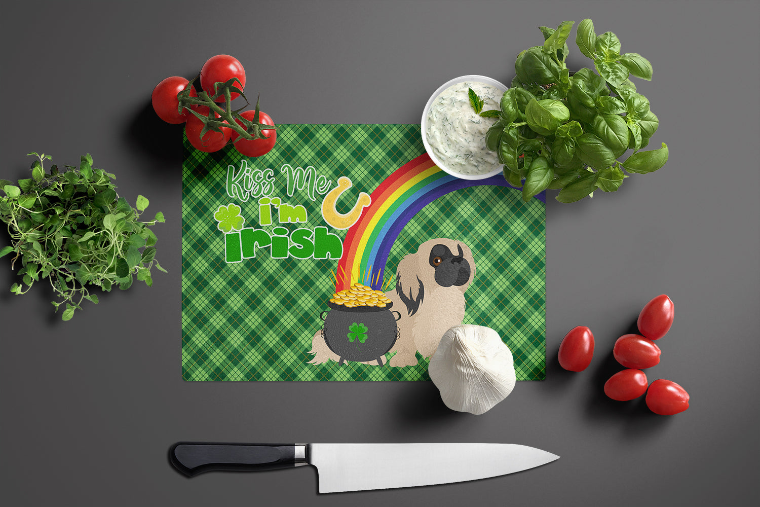 Cream Pekingese St. Patrick's Day Cutting Board Tempered Glass Kitchen Cutting Surface, Heat Resistant Chopping, Non-Slip Feet, Food Prep & Serving