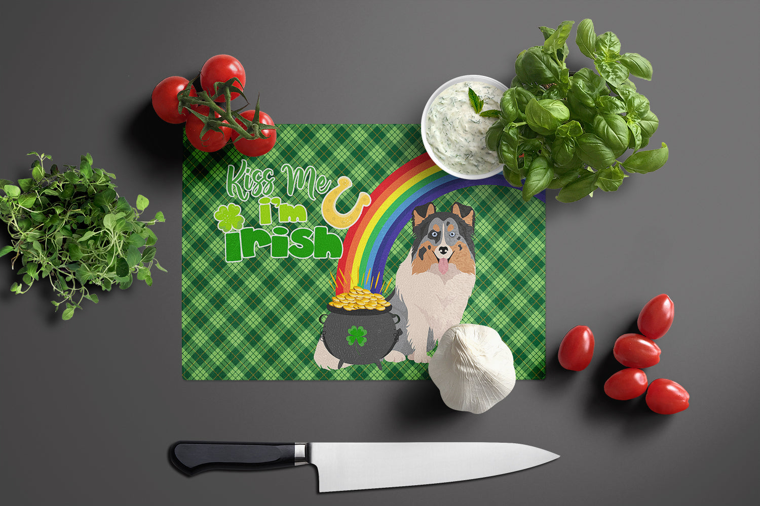 Blue Merle Sheltie St. Patrick's Day Cutting Board Tempered Glass Kitchen Cutting Surface, Heat Resistant Chopping, Non-Slip Feet, Food Prep & Serving