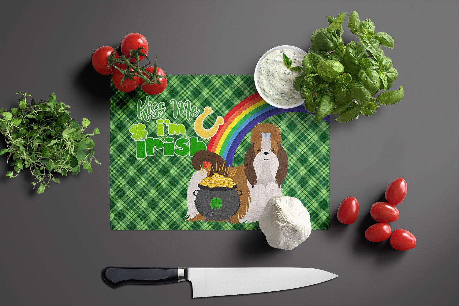 Red and White Shih Tzu St. Patrick's Day Cutting Board Tempered Glass Kitchen Cutting Surface, Heat Resistant Chopping, Non-Slip Feet, Food Prep & Serving