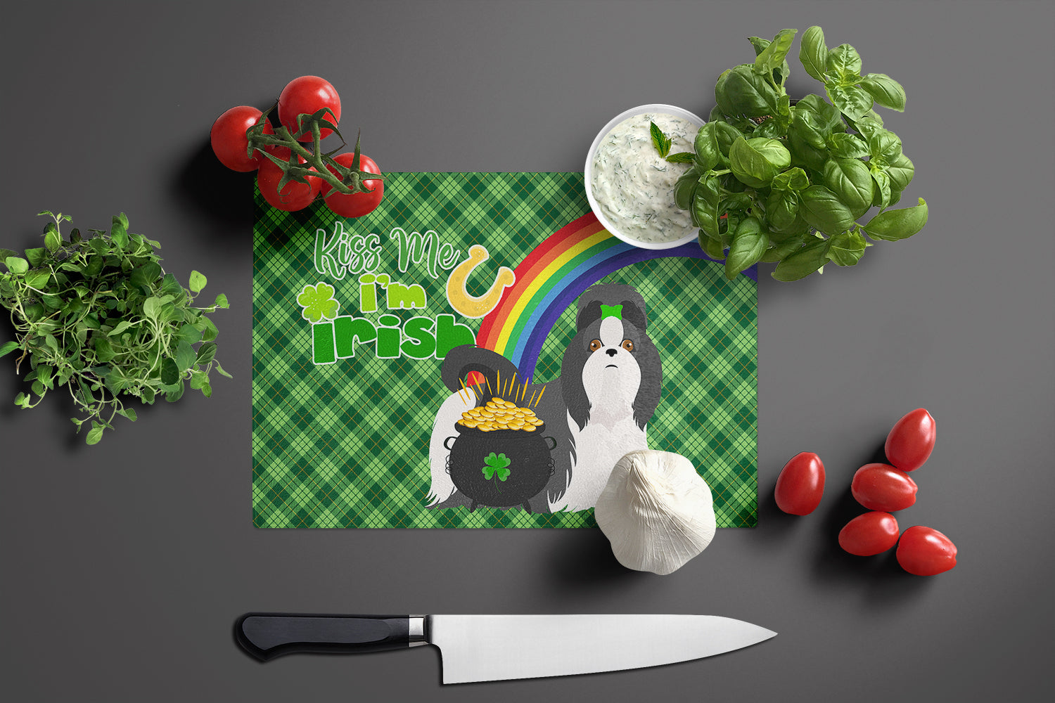 Black and White Shih Tzu St. Patrick's Day Cutting Board Tempered Glass Kitchen Cutting Surface, Heat Resistant Chopping, Non-Slip Feet, Food Prep & Serving