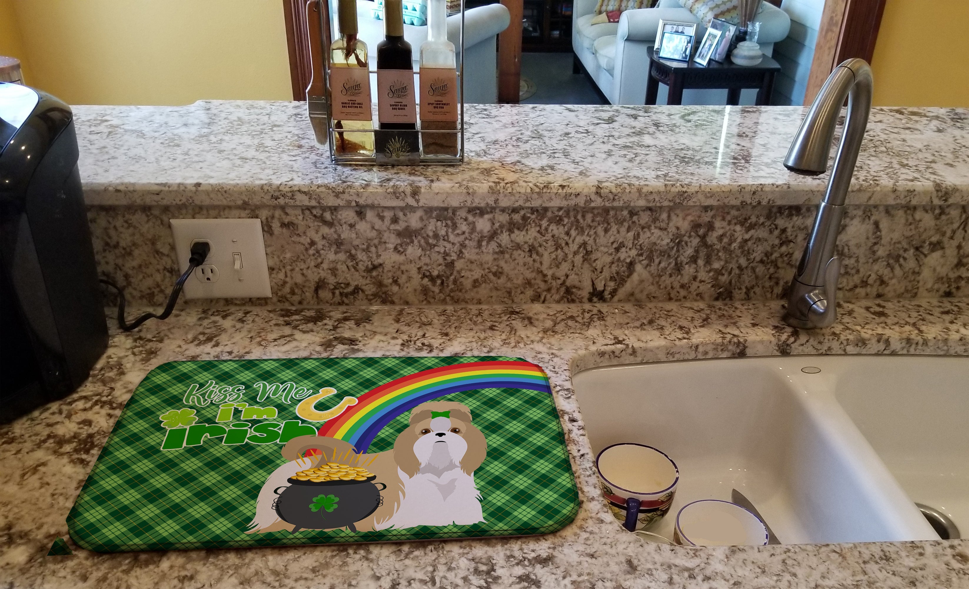 Gold and White Shih Tzu St. Patrick's Day Dish Drying Mat Absorbent Dish Drying Mat Pad for Kitchen Counter Dish Drainer Mat for Countertop, 14 x 21", Multicolor