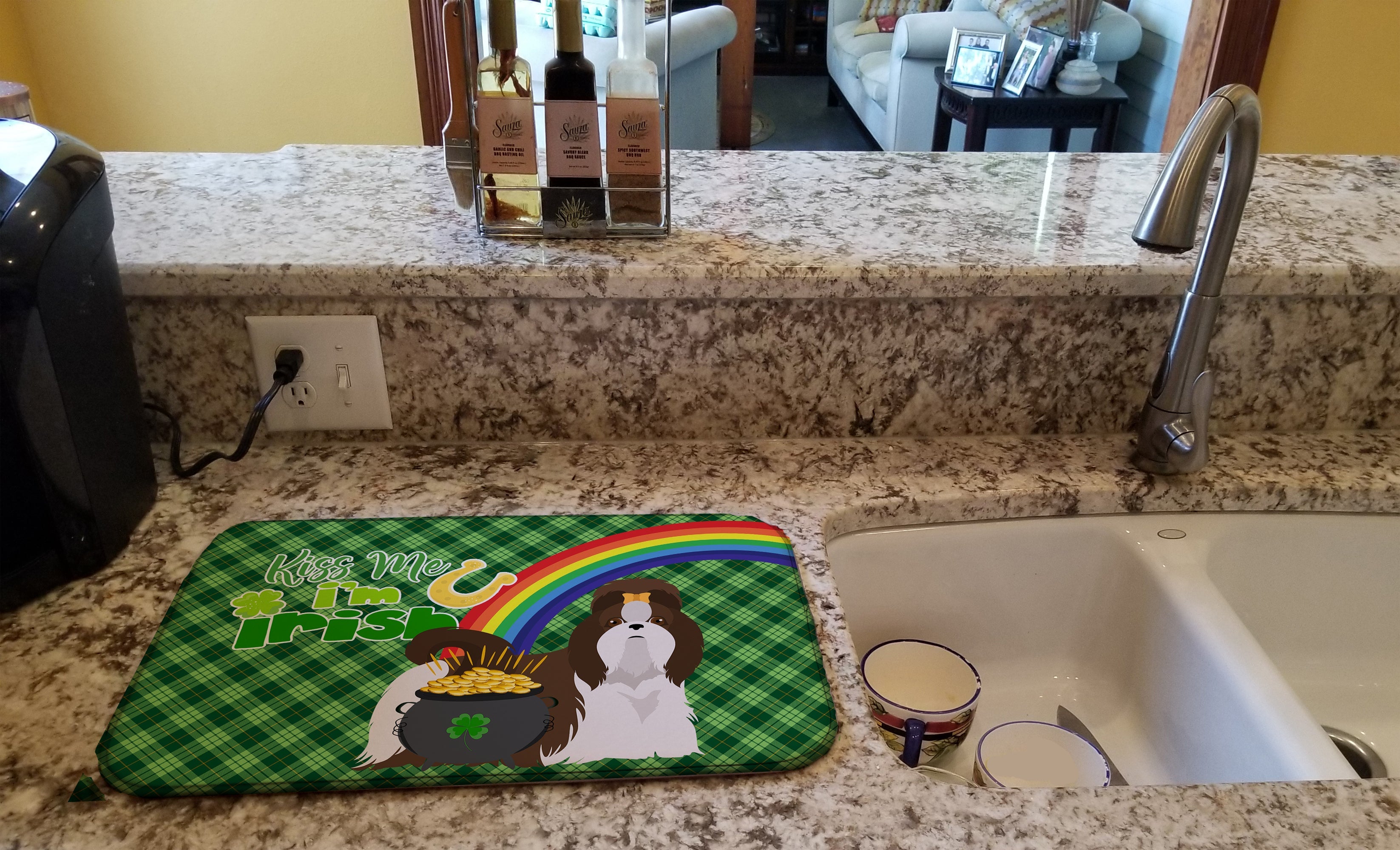 Liver and White Shih Tzu St. Patrick's Day Dish Drying Mat Absorbent Dish Drying Mat Pad for Kitchen Counter Dish Drainer Mat for Countertop, 14 x 21", Multicolor