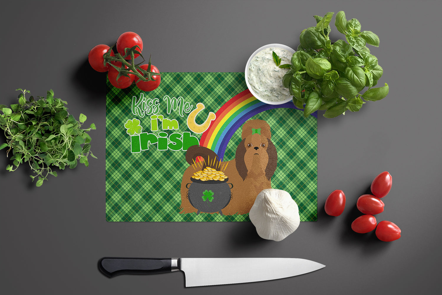 Red Shih Tzu St. Patrick's Day Cutting Board Tempered Glass Kitchen Cutting Surface, Heat Resistant Chopping, Non-Slip Feet, Food Prep & Serving