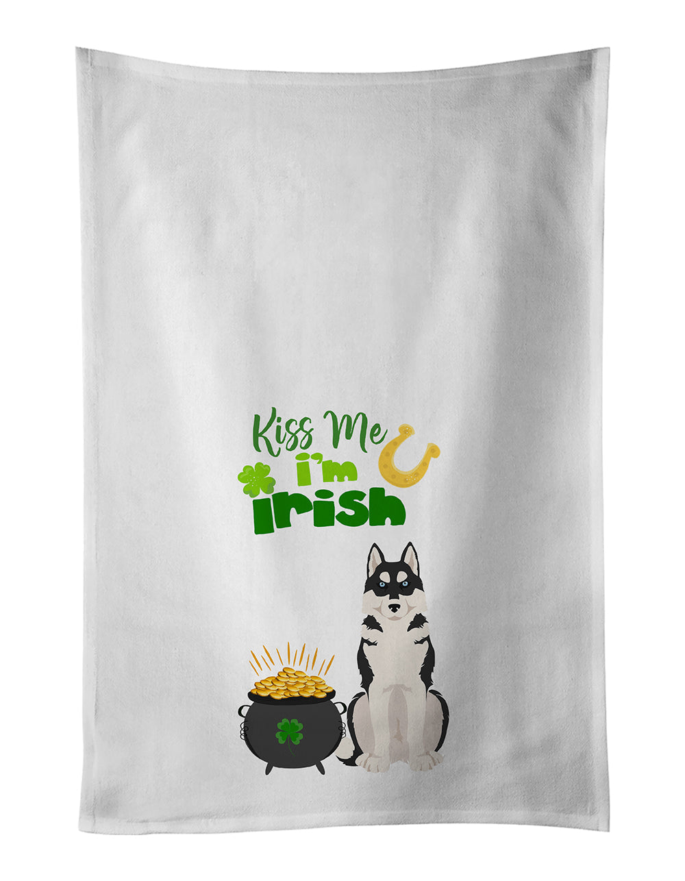 Black Siberian Husky St. Patrick's Day Kitchen Towel Set of 2 White Dish Towels Decorative Bathroom Hand towel for Hand, Face, Hair, Yoga, Tea, Dishcloth, 19 X 28", White