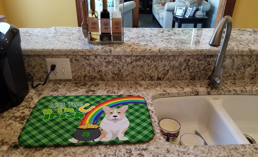 Fawn Cardigan Corgi St. Patrick's Day Dish Drying Mat Absorbent Dish Drying Mat Pad for Kitchen Counter Dish Drainer Mat for Countertop, 14 x 21", Multicolor