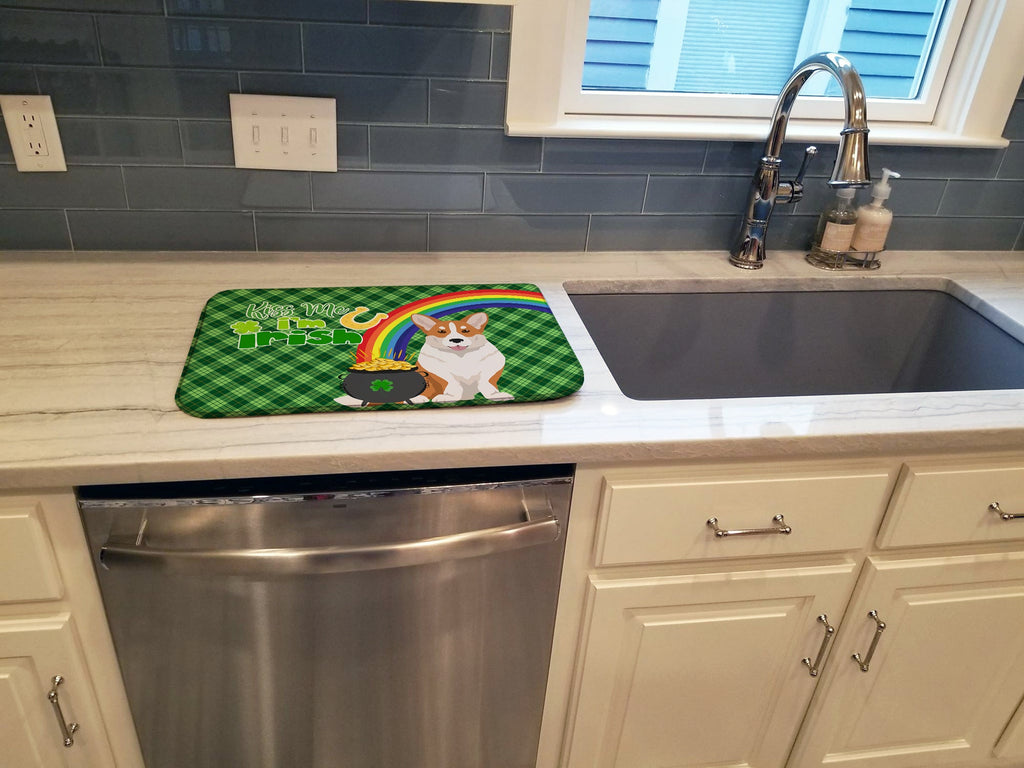 Red Cardigan Corgi St. Patrick's Day Dish Drying Mat Absorbent Dish Drying Mat Pad for Kitchen Counter Dish Drainer Mat for Countertop, 14 x 21", Multicolor