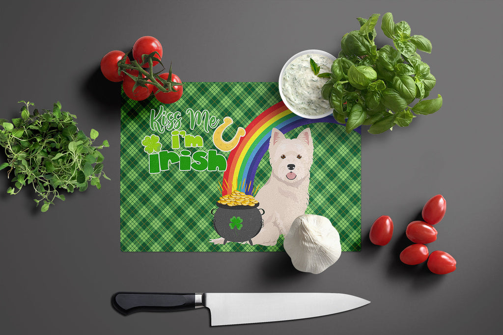 Westie West Highland White Terrier St. Patrick's Day Cutting Board Tempered Glass Kitchen Cutting Surface, Heat Resistant Chopping, Non-Slip Feet, Food Prep & Serving