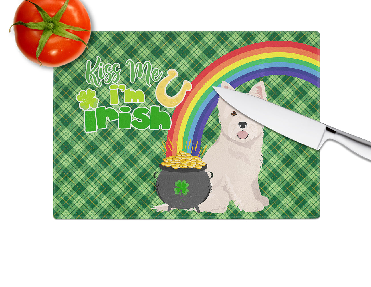 Westie West Highland White Terrier St. Patrick's Day Cutting Board Tempered Glass Kitchen Cutting Surface, Heat Resistant Chopping, Non-Slip Feet, Food Prep & Serving