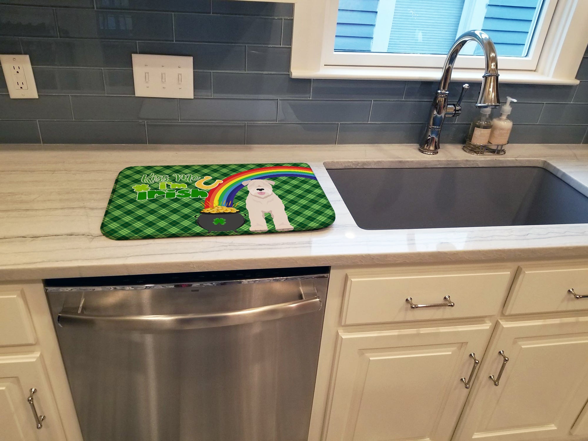 Soft Coated Wheaten Terrier St. Patrick's Day Dish Drying Mat Absorbent Dish Drying Mat Pad for Kitchen Counter Dish Drainer Mat for Countertop, 14 x 21", Multicolor