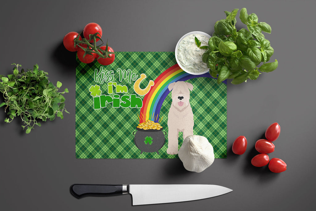 Soft Coated Wheaten Terrier St. Patrick's Day Cutting Board Tempered Glass Kitchen Cutting Surface, Heat Resistant Chopping, Non-Slip Feet, Food Prep & Serving