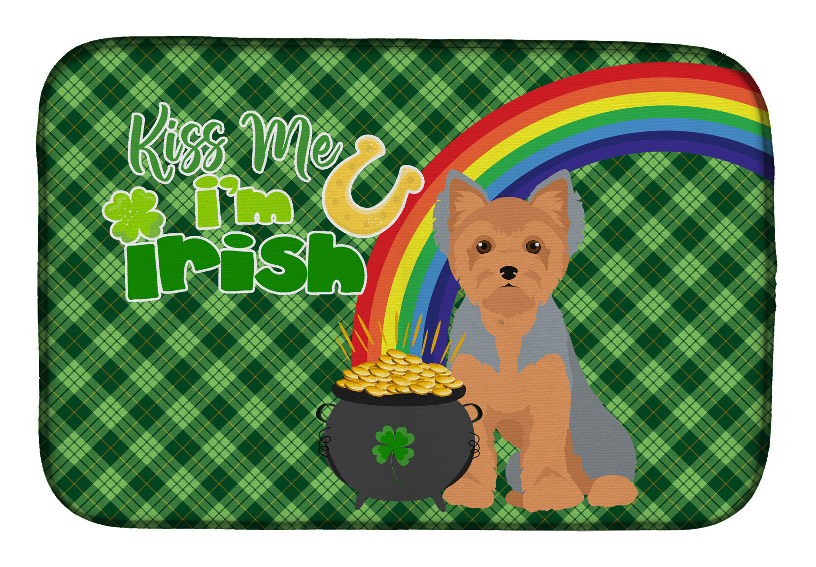 Blue and Tan Puppy Cut Yorkshire Terrier St. Patrick's Day Dish Drying Mat Absorbent Dish Drying Mat Pad for Kitchen Counter Dish Drainer Mat for Countertop, 14 x 21", Multicolor