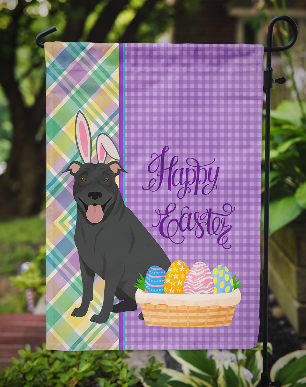 Black Pit Bull Terrier Easter Garden Flag Mailbox Decorative Yard Banner Outside Patio Artwork for Flower Beds, Garden Size, Multicolor