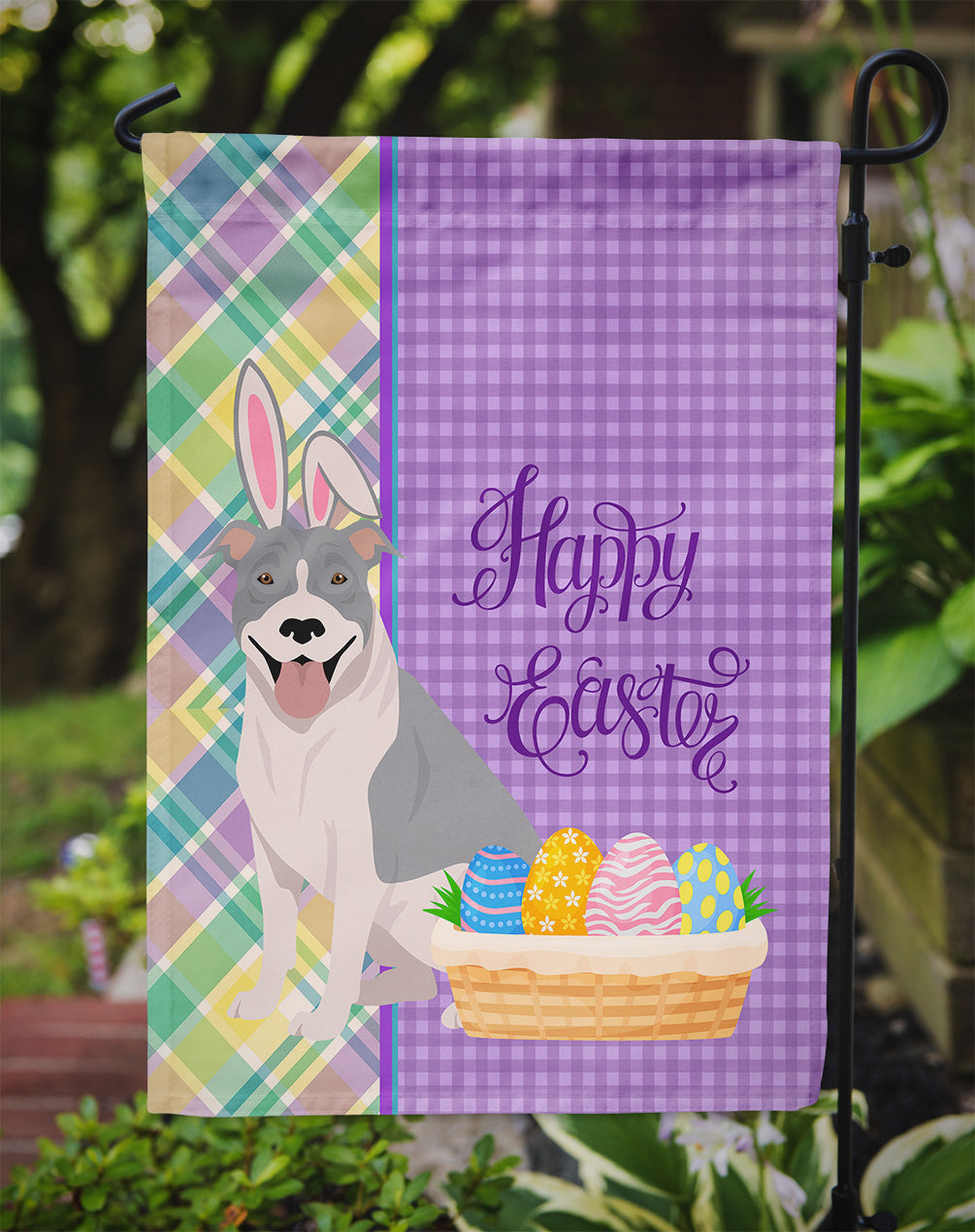 Blue and White Pit Bull Terrier Easter Garden Flag Mailbox Decorative Yard Banner Outside Patio Artwork for Flower Beds, Garden Size, Multicolor
