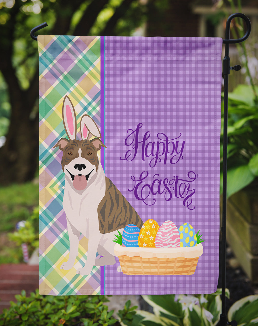 Fawn Brindle Pit Bull Terrier Easter Garden Flag Mailbox Decorative Yard Banner Outside Patio Artwork for Flower Beds, Garden Size, Multicolor