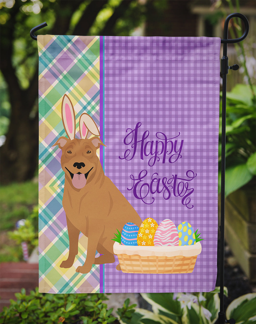 Red Pit Bull Terrier Easter Garden Flag Mailbox Decorative Yard Banner Outside Patio Artwork for Flower Beds, Garden Size, Multicolor
