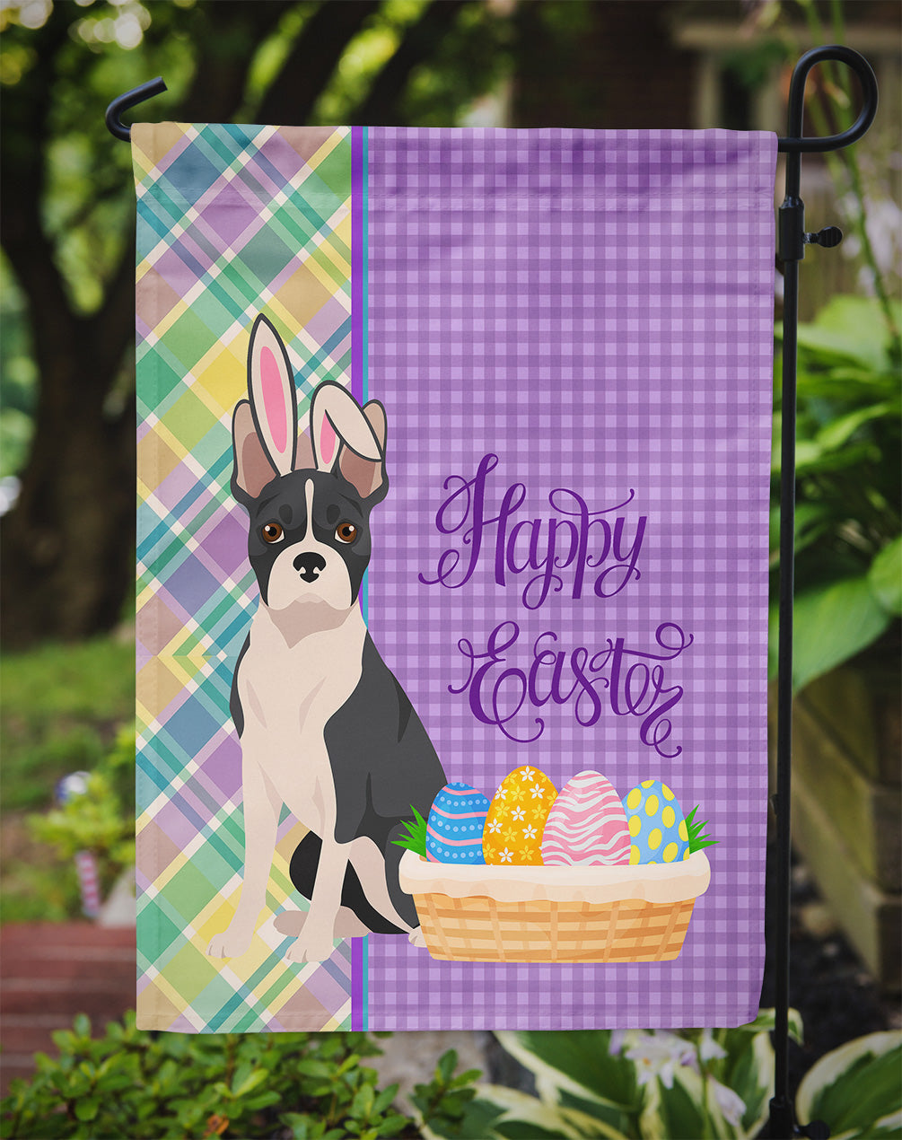 Black Boston Terrier Easter Garden Flag Mailbox Decorative Yard Banner Outside Patio Artwork for Flower Beds, Garden Size, Multicolor