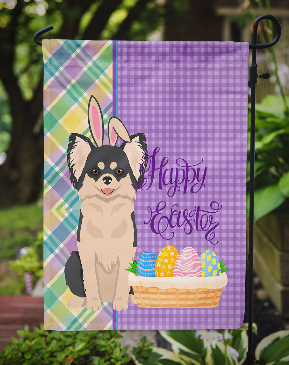 Longhaired Black and White Chihuahua Easter Garden Flag Mailbox Decorative Yard Banner Outside Patio Artwork for Flower Beds, Garden Size, Multicolor