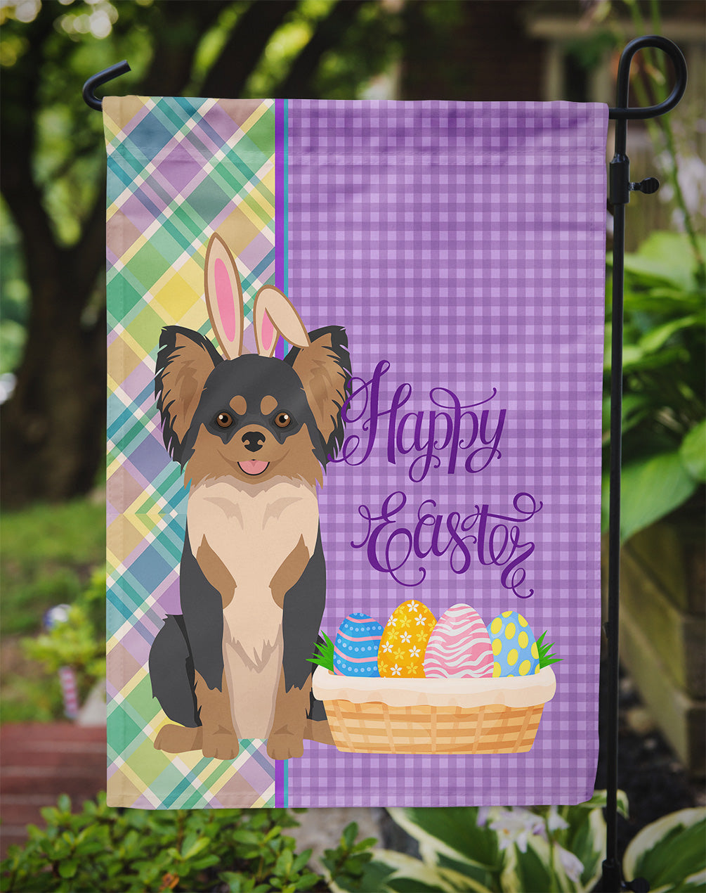 Longhaired Black and Tan Chihuahua Easter Garden Flag Mailbox Decorative Yard Banner Outside Patio Artwork for Flower Beds, Garden Size, Multicolor