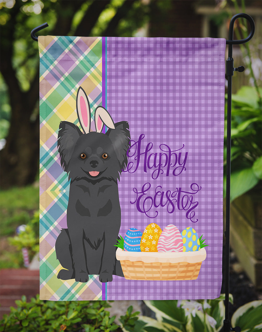 Longhaired Black Chihuahua Easter Garden Flag Mailbox Decorative Yard Banner Outside Patio Artwork for Flower Beds, Garden Size, Multicolor