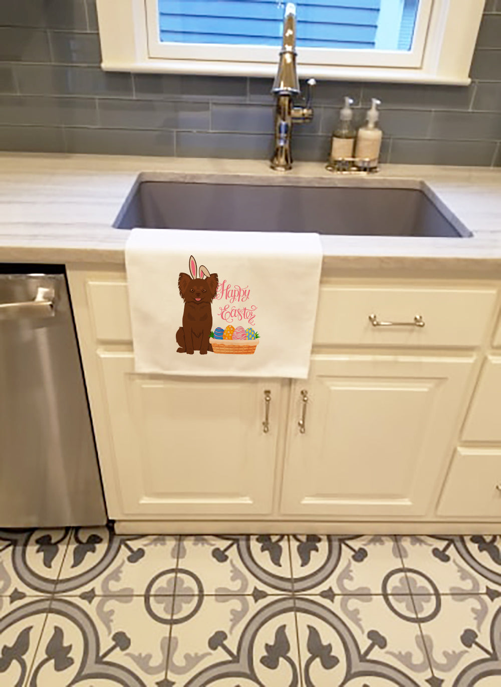 Longhaired Chocolate Chihuahua Easter Kitchen Towel Set of 2 White Dish Towels Decorative Bathroom Hand towel for Hand, Face, Hair, Yoga, Tea, Dishcloth, 19 X 28", White