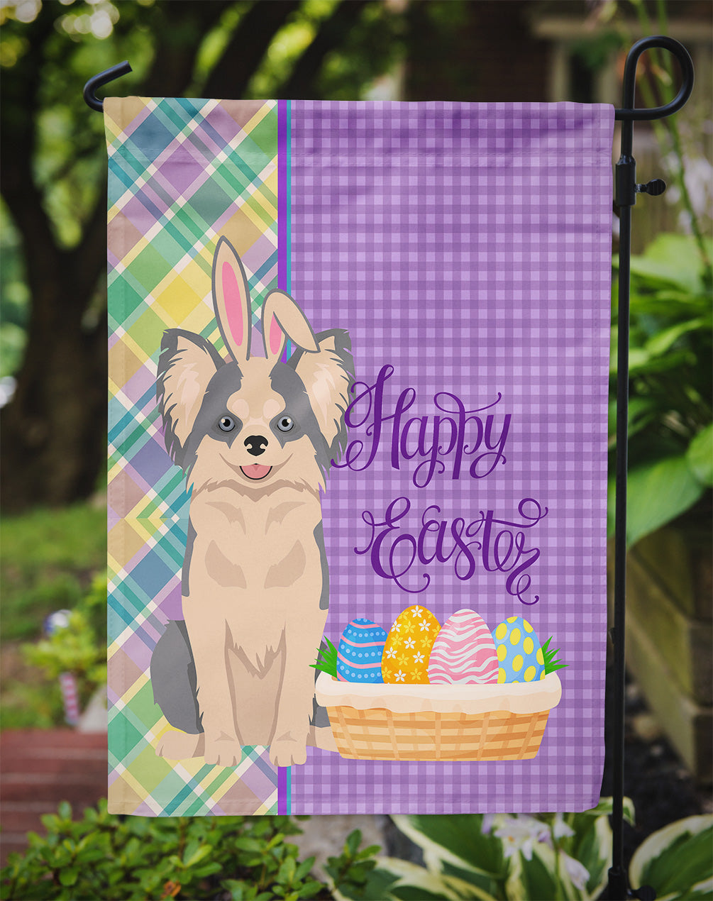 Longhaired Blue and White Chihuahua Easter Garden Flag Mailbox Decorative Yard Banner Outside Patio Artwork for Flower Beds, Garden Size, Multicolor