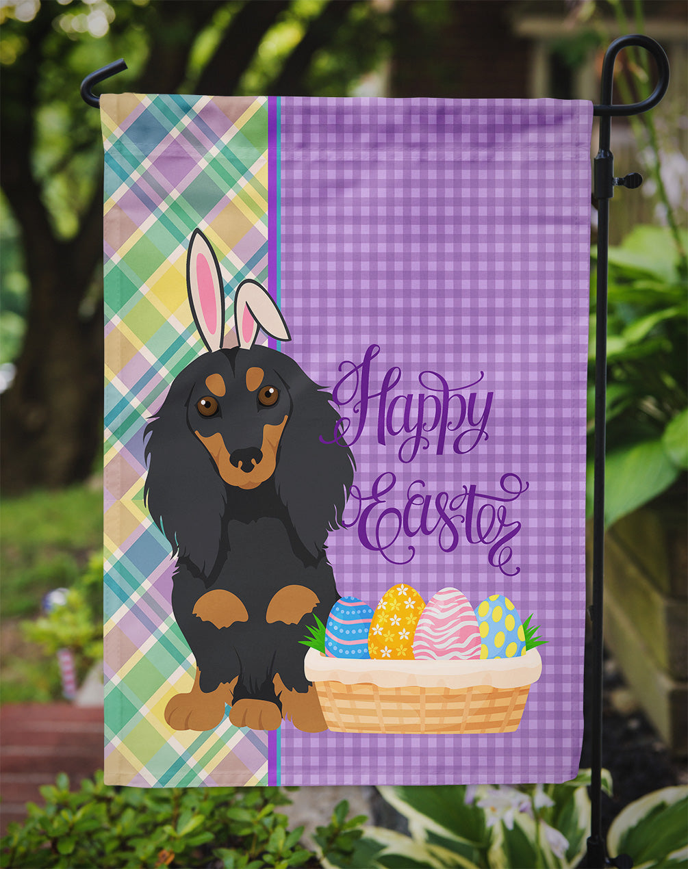 Longhair Black and Tan Dachshund Easter Garden Flag Mailbox Decorative Yard Banner Outside Patio Artwork for Flower Beds, Garden Size, Multicolor