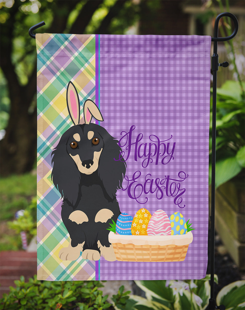 Longhair Black and Cream Dachshund Easter Garden Flag Mailbox Decorative Yard Banner Outside Patio Artwork for Flower Beds, Garden Size, Multicolor
