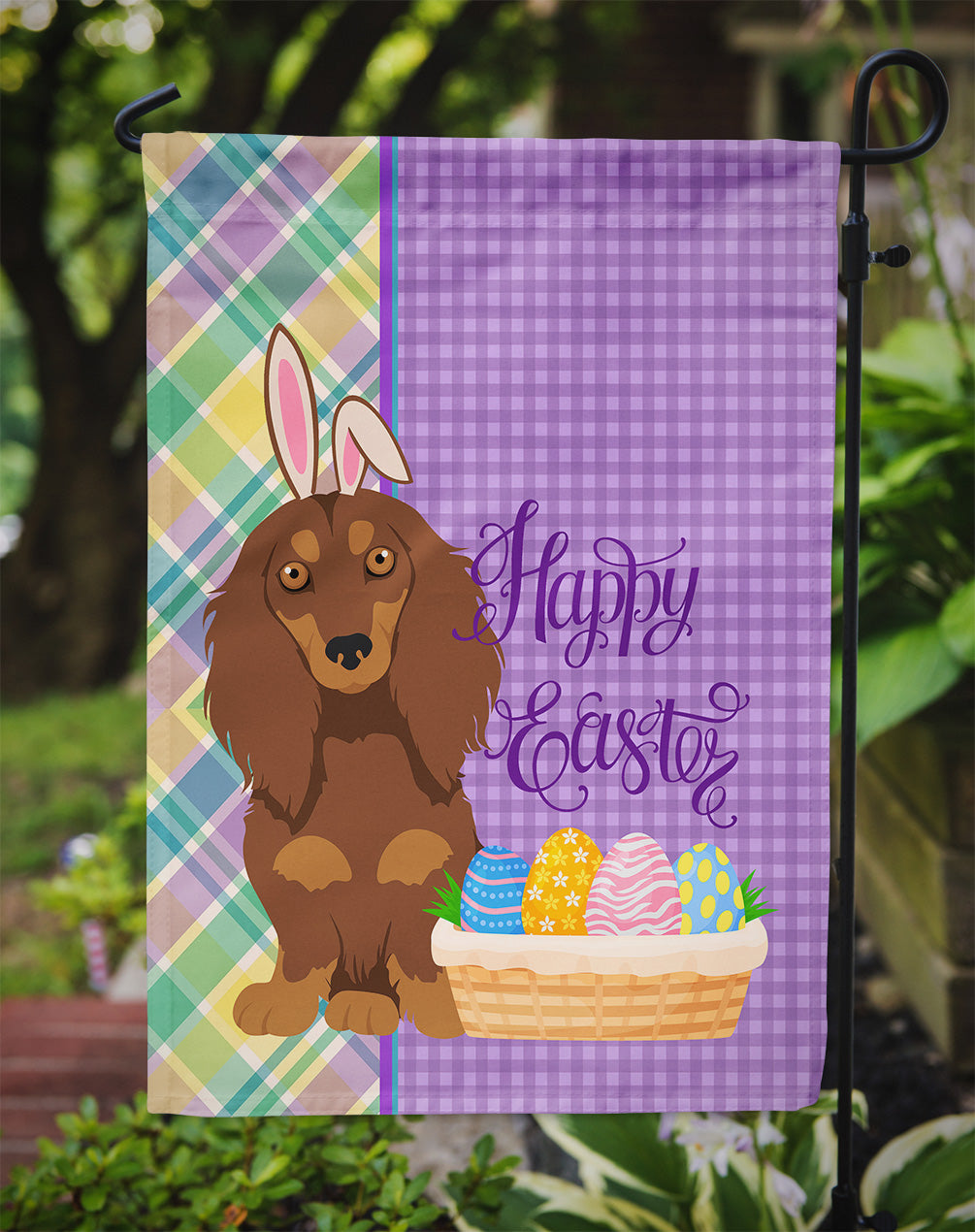 Longhair Chocolate and Tan Dachshund Easter Garden Flag Mailbox Decorative Yard Banner Outside Patio Artwork for Flower Beds, Garden Size, Multicolor