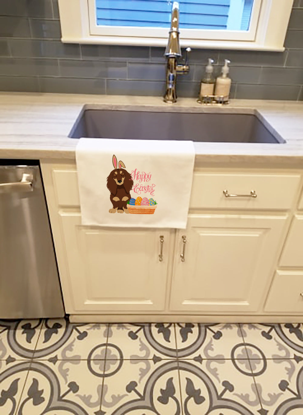Longhair Chocolate and Cream Dachshund Easter Kitchen Towel Set of 2 White Dish Towels Decorative Bathroom Hand towel for Hand, Face, Hair, Yoga, Tea, Dishcloth, 19 X 28", White