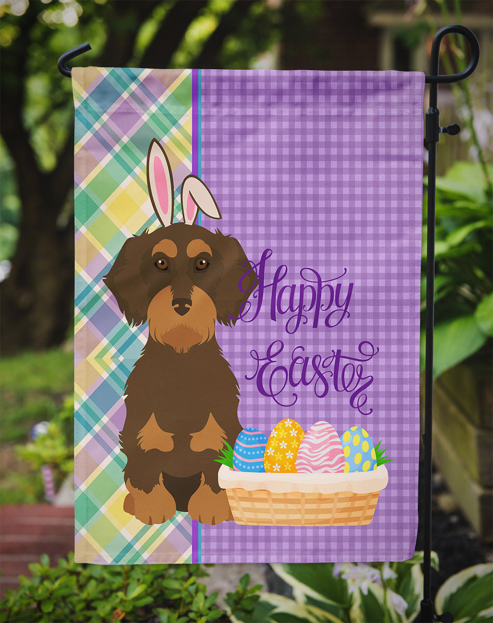 Wirehair Chocolate and Tan Dachshund Easter Garden Flag Mailbox Decorative Yard Banner Outside Patio Artwork for Flower Beds, Garden Size, Multicolor