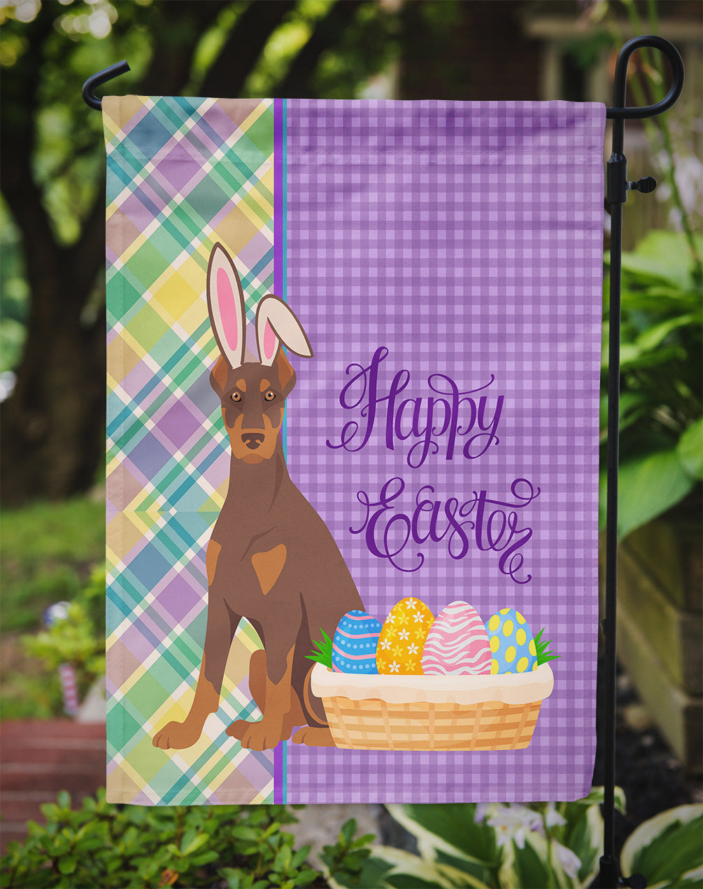 Red and Tan Doberman Pinscher Easter Garden Flag Mailbox Decorative Yard Banner Outside Patio Artwork for Flower Beds, Garden Size, Multicolor
