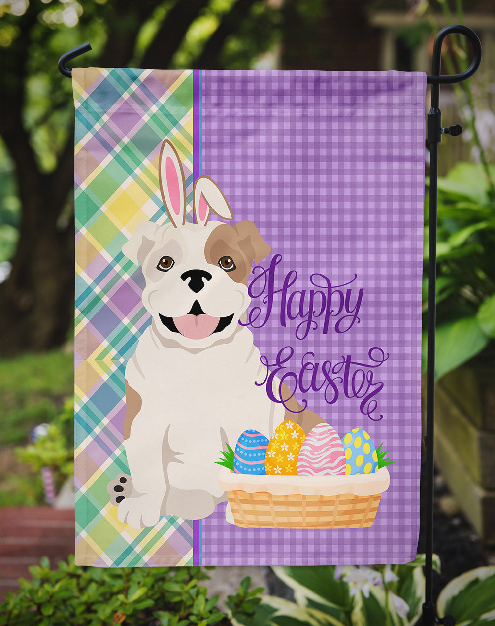 Piebald English Bulldog Easter Garden Flag Mailbox Decorative Yard Banner Outside Patio Artwork for Flower Beds, Garden Size, Multicolor