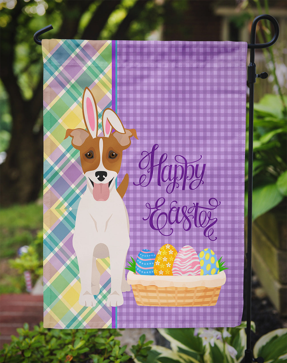 Brown White Smooth Jack Russell Terrier Easter Garden Flag Mailbox Decorative Yard Banner Outside Patio Artwork for Flower Beds, Garden Size, Multicolor