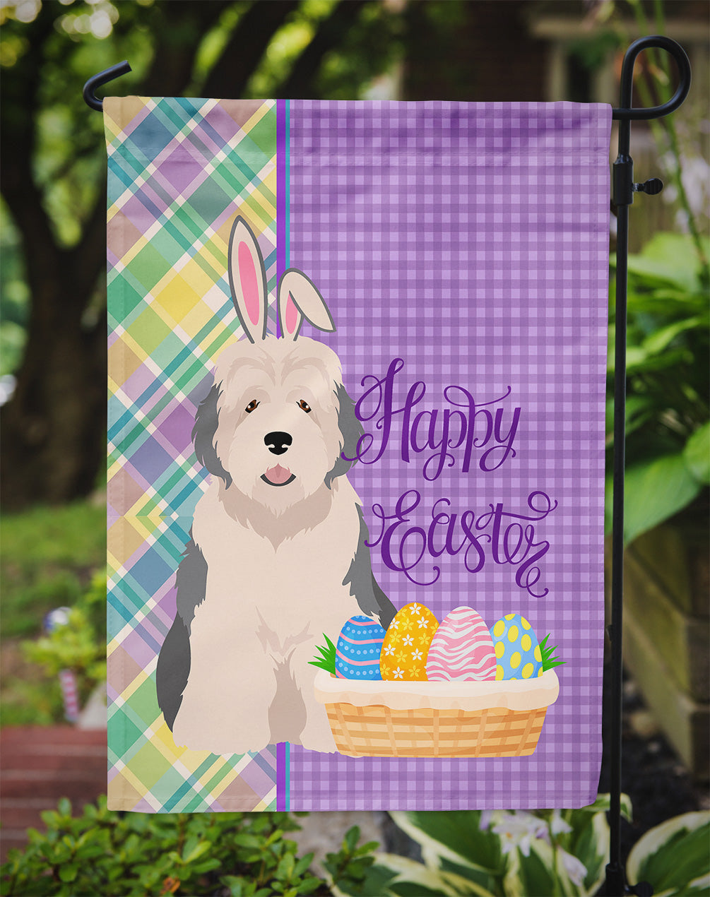 Old English Sheepdog Easter Garden Flag Mailbox Decorative Yard Banner Outside Patio Artwork for Flower Beds, Garden Size, Multicolor